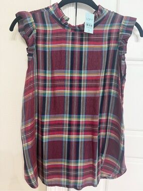 LOFT Burgundy Multicolor Plaid Ruffle Sleeve Top